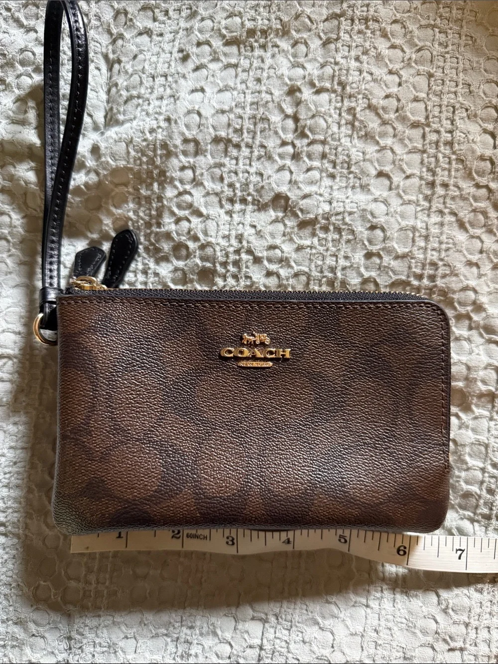 Coach Brown Logo Wristlet with Gold Hardware